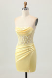 Yellow Satin Corset Tight Short Homecoming Dress with Lace Up Back