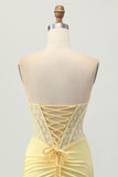Yellow Satin Corset Tight Short Homecoming Dress with Lace Up Back