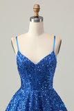 Sequins Dark Blue A Line Short Corset Homecoming Dress