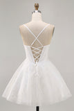 White A-Line Corset Spaghetti Straps Satin Homecoming Dress with Appliques