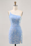 Sparkly Blue One Shoulder Short Homecoming Dress with Slit