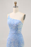 Sparkly Blue One Shoulder Short Homecoming Dress with Slit