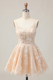 Apricot A Line Spaghetti Straps Floral Short Homecoming Dress with Appliques