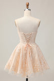 Apricot A Line Spaghetti Straps Floral Short Homecoming Dress with Appliques