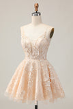 Apricot A Line Spaghetti Straps Floral Short Homecoming Dress with Appliques