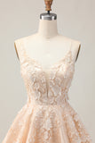 Apricot A Line Spaghetti Straps Floral Short Homecoming Dress with Appliques