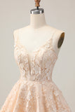 Apricot A Line Spaghetti Straps Floral Short Homecoming Dress with Appliques