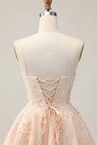 Apricot A Line Spaghetti Straps Floral Short Homecoming Dress with Appliques