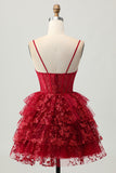 Sparkly Dark Red A-Line Tiered Corset Sequin Mini Homecoming Dress