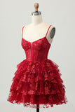 Sparkly Dark Red A-Line Tiered Corset Sequin Mini Homecoming Dress