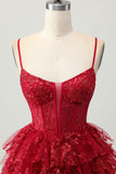 Sparkly Dark Red A-Line Tiered Corset Sequin Mini Homecoming Dress