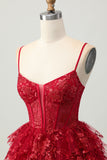 Sparkly Dark Red A-Line Tiered Corset Sequin Mini Homecoming Dress