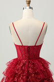 Sparkly Dark Red A-Line Tiered Corset Sequin Mini Homecoming Dress