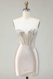 Sparkly Golden Strapless Sequins Bodycon Corset Homecoming Dress With Beading