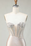 Sparkly Golden Strapless Sequins Bodycon Corset Homecoming Dress With Beading