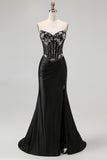 Black Strapless Mermaid Corset Long Prom Dress with Lace Up Back