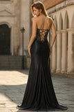 Black Strapless Sheer Corset Mermaid Beaded Long Prom Dress with Slit