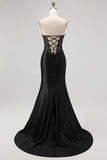 Black Strapless Mermaid Corset Long Prom Dress with Lace Up Back