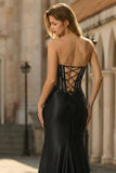 Black Strapless Sheer Corset Mermaid Beaded Long Prom Dress with Slit