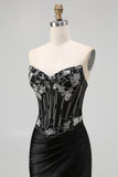Black Strapless Mermaid Corset Long Prom Dress with Lace Up Back