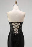 Black Strapless Mermaid Corset Long Prom Dress with Lace Up Back