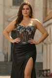 Black Strapless Mermaid Corset Long Plus Size Prom Dress with Lace Up Back