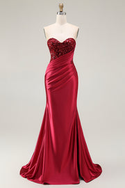 Strapless Beaded Mermaid Red Long Prom Dress with Slit
