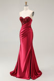 Strapless Beaded Mermaid Red Long Prom Dress with Slit