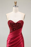 Strapless Beaded Mermaid Red Long Prom Dress with Slit