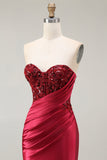 Strapless Beaded Mermaid Red Long Prom Dress with Slit