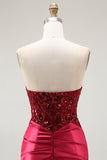 Strapless Beaded Mermaid Red Long Prom Dress with Slit