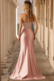 Blush Mermaid Sheer Corset Beaded Strapless Long Prom Dress With Slit