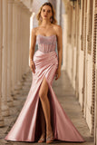 Blush Mermaid Sheer Corset Beaded Strapless Long Prom Dress With Slit