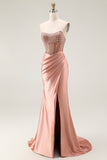 Mermaid Corset Beaded Strapless Blush Long Prom Dress With Slit