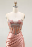 Mermaid Corset Beaded Strapless Blush Long Prom Dress With Slit