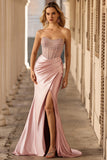 Blush Mermaid Sheer Corset Beaded Strapless Long Prom Dress With Slit