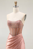 Mermaid Corset Beaded Strapless Blush Long Prom Dress With Slit