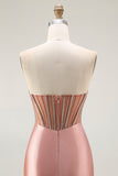 Mermaid Corset Beaded Strapless Blush Long Prom Dress With Slit