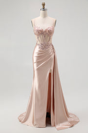 Corset Champagne Mermaid Beaded Long Prom Dress