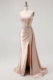 Corset Champagne Mermaid Beaded Long Prom Dress
