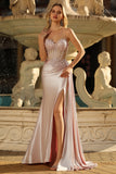 Champagne Mermaid Sheer Corset Beaded Side Streamer Long Prom Dress with Slit