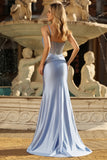 Sparkly Grey Blue Mermaid Ruched Corset Satin Long Prom Dress with Rhinestones