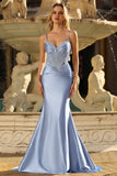 Sparkly Grey Blue Mermaid Ruched Corset Satin Long Prom Dress with Rhinestones