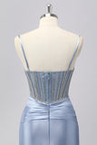 Sparkly Grey Blue Spaghetti Straps Mermaid Satin Prom Dress with Rhinestones
