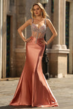 Mermaid Spaghetti Straps Corset Blush Long Prom Dress with Rhinestones