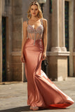 Mermaid Spaghetti Straps Corset Blush Long Prom Dress with Rhinestones