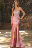 Mermaid Corset Blush Sequins Long Satin Prom Dress with Slit