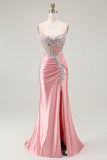 Mermaid Corset Blush Sequins Long Satin Prom Dress with Slit