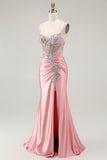 Blush Mermaid Corset Sequin Long Prom Dress with Ruffled Slit