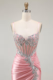 Blush Mermaid Corset Sequin Long Prom Dress with Ruffled Slit